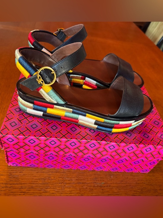 Tory Burch Shoes - Tory Burch Black Leather Sandals with Multicolor Woven Platform